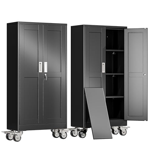 erosoei 61" H Metal Garage Storage Cabinet, Rolling Tool Cabinet with 2 Doors and Wheels, Locker Steel Cabinet with 3 Adjustable Shelves, Organization Cabinet for Garage,Office,Home,Gym,School（Black）