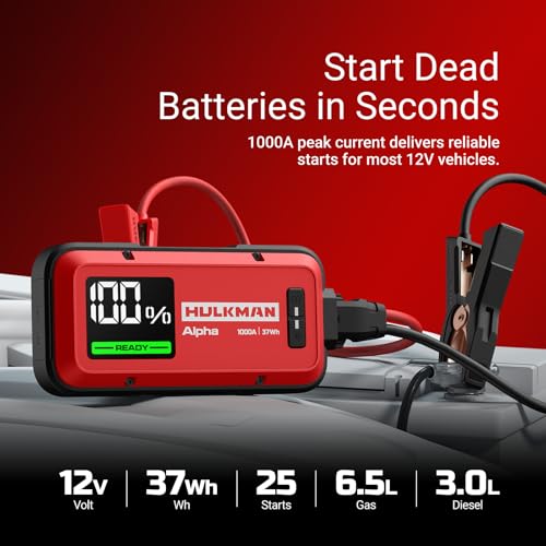 Hulkman Alpha,Ultra Red,1000A 37Wh Jump Starter,10000mAh Power Bank, Portable,12V Jump Box with Jumper Cables,45-Min Full Recharge,24-Month Standby,Easy Start,IP65,LED Display,for 6.5L Gas/3.0L Diesel
