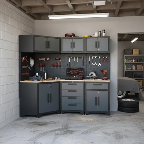 Tsnritor Garage Storage Cabinet System 8-Pcs Garage Cabinets and Storage System Corner Workshop Set with Corner Cabinet, Cabinet Drawers, Workbench, Pegboard for Tool Organization, Black and Grey