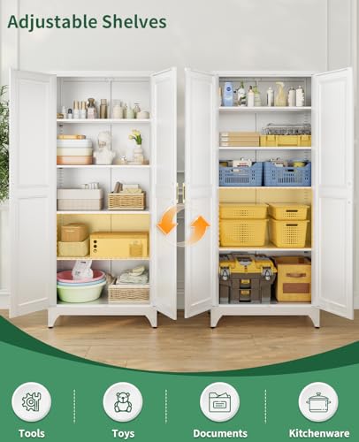 75" Tall Metal Storage Cabinet with 2 Doors and 4 Adjustable Shelves, Heavy Duty Steel Pantry Cabinet for Home Office, Kitchen, Garage and Laundry Room, White