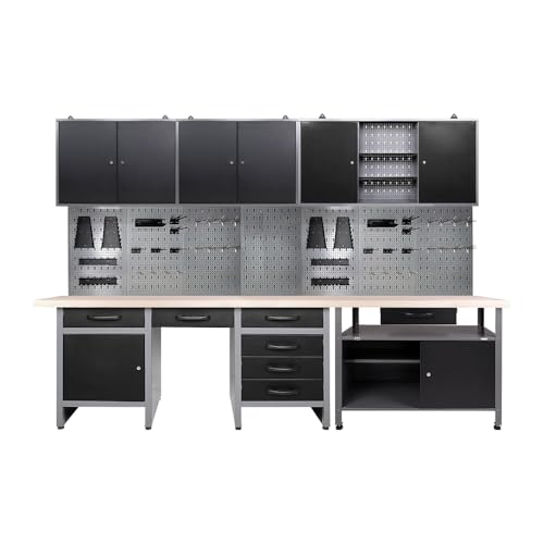 JZD Metal Workshop Durable Cabinet Combo Set, Wooden Top Workbench Set Garage Storage Organizer System