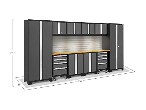 NewAge Products Garage Storage Cabinets Bold Series Gray Include Multi Use lockers, Rolling Tool, Base & Wall Cabinets with Lockable Doors, LED Lights, Slatwall Backsplash, Bamboo Worktop