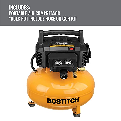 Bostitch 6 Gallon Pancake Air Compressor & 13 Piece Accessory Kit: Air Hose, Blow Gun and Adapter, Blow Chuck, Tire Gauge, Rubber Blow Gun Nozzle, Inflation Needle, and Male Quick Connect Plug