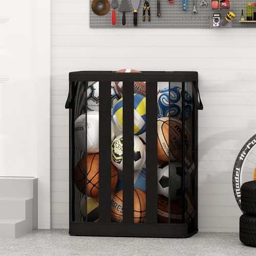 STO STO Ball Storage Basket, Wall-Mounted or Freestanding Garage Ball Organizer Holder, Holds up to 15 Balls, Sports Equipment Organizer with Elastic Front Access for Garage, Gym, Playroom, Black