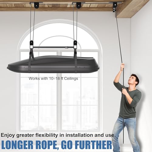 KOSEOO Cargo Box Pulley System for Garage Storage, Heavy-Duty Kayak/Canoes/Bikes/Ladders Ceiling Hoist, Hold Up to 150 lbs Capacity, Fit 10-18 Foot Ceilings, Black