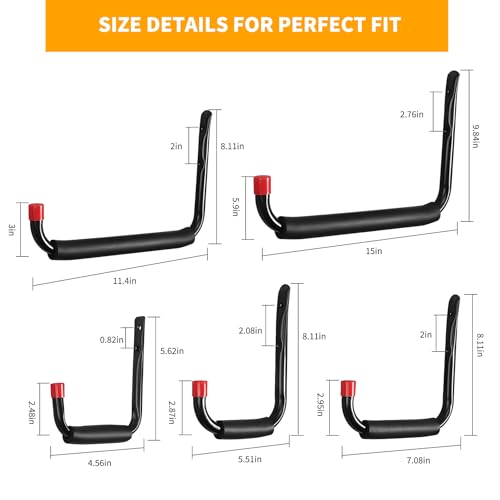 CRXCRC 6 Pack Garage Hooks Heavy Duty, Utility Steel Hooks with EVA Foam Padding, 15inch Wall Mount J Organizer Hanger for Hanging Bikes Kayak Garden Tool Hose Bike Shelf