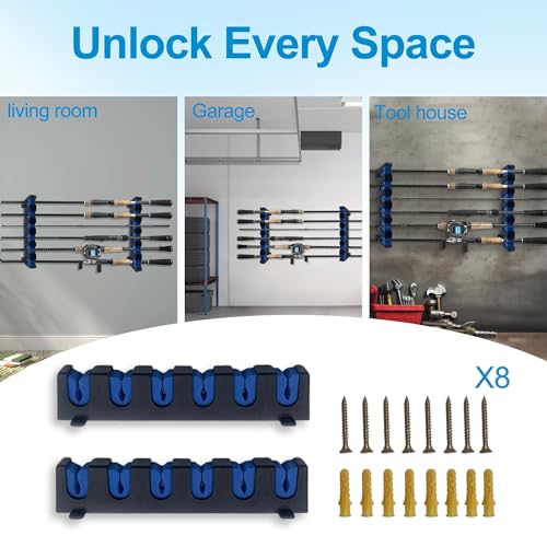 Keenorika Horizontal Fishing Rod Rack, Wall Mounted Fishing Rod Holder, Fishing Pole Organizer for Garage, Boat, Cabin, Heavy Duty Rod Holder for 6 Fishing Poles, Indoor/Outdoor Fishing Gear Storage