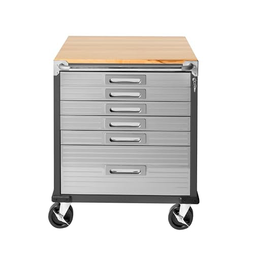 Seville Classics UltraHD Heavy Duty Rolling Cabinet Workbench Table w/Solid Wood Top, Workstation for Garage, Office, Workshop, Graphite, 6-Drawer Soft Close (28" W x 25" D)
