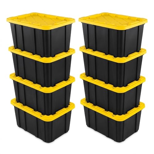 Sterilite 8-Pack 27 Gallon Industrial Storage Tote, Heavy-Duty Plastic Bins, Black/Yellow - Stackable Utility Organizers with Lids for Garage, Camping Tools, and Outdoor Gear