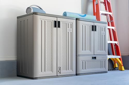 Suncast Base Storage Cabinet with Drawer for Garage Organization - Lockable Single-Drawer Organizer with Shelf for Garden Supplies, Paint Cans & Outdoor Tools, Multi-Wall Resin Construction, Platinum