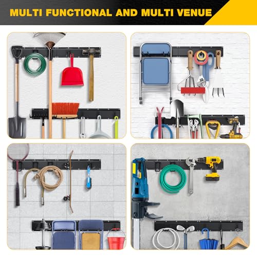 Garage Tool Organizer Wall Mount with 64 inches Rails and 10 Adjustable Heavy-Duty Hooks, Garden Tool Organizer, 14 Pack Carries 630 lbs, Heavy Duty Garage Storage Rack For Yard, Shed, Easy to install