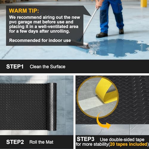 Grandroad auto 8x20 FT Garage Floor Mat, 2.8mm Thickened Flooring Roll for Under Car Diamond Plate PVC Rubber Mat with 20 Pcs Tapes, Non-Slip Floor Mat for Garage, Warehouse, Gyms, Trailer, Black