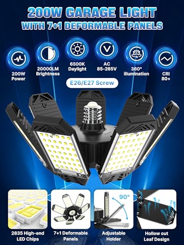 HAPYLUMI LED Garage Light 200W, 2 Pack 20000LM Bright Garage Lights Ceiling Led with 7 Adjustable Panels, 6500K Shop Lighting Screw in E26/E27 Bulb Socket, LED Lights for Shop Barn Basement Bay