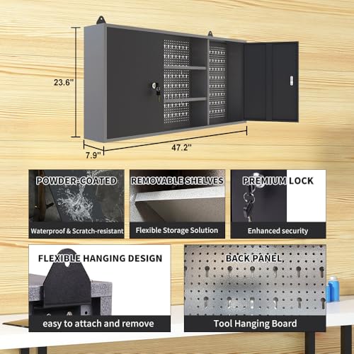JZD Metal Workshop Durable Cabinet Combo Set, Wooden Top Workbench Set Garage Storage Organizer System