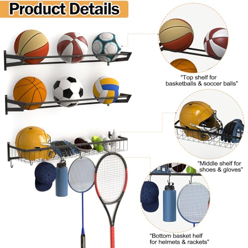 Ball Metal Holder Wall Mount Sports Organizer with 3Tier Shelf Garage Basketball Rack for Balls, Multi-Purpose Wall Ball Storage, Racks for Garage, Equipment Organizer with 6 Hooks, Metal Black（black）