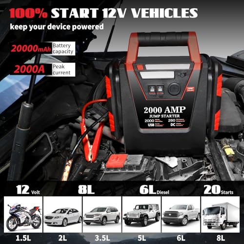 Jump Starter with Air Compressor,2000A Car Battery Jumper Starter 260 PSI Tire Inflator,6 in 1 Auto Lead-Acid Battery Booster Jump Starter for Up to 10.0L Gas or 8.0L Diesel with LED Light
