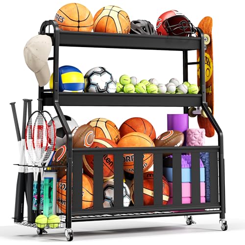 Keepmisc Sports Equipment Organizer, Large Capacity Garage Ball Storage Rack with Wheels, Heavy-Duty Rolling Ball Cart for Basketball, Soccer & Sports Gear