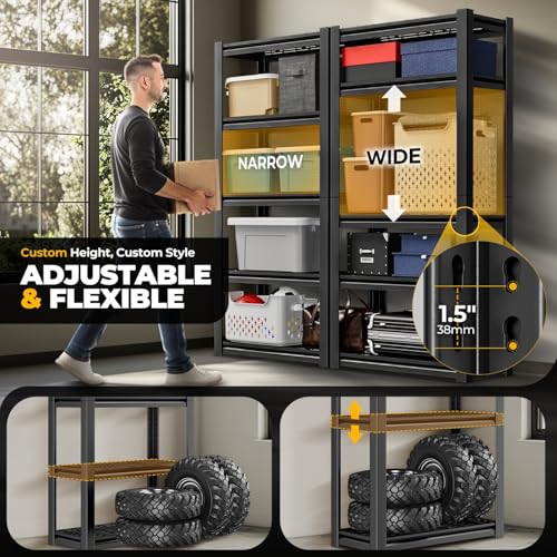 Auto Dynasty 5-Tier Storage Shelves, 72" H Heavy Duty(3000LBS Capacity) Adjustable Garage Shelving, Metal Storage Utility Rack Shelf Unit for Pantry Kitchen Warehouse, 72" H x 35" W x 16" D, Black