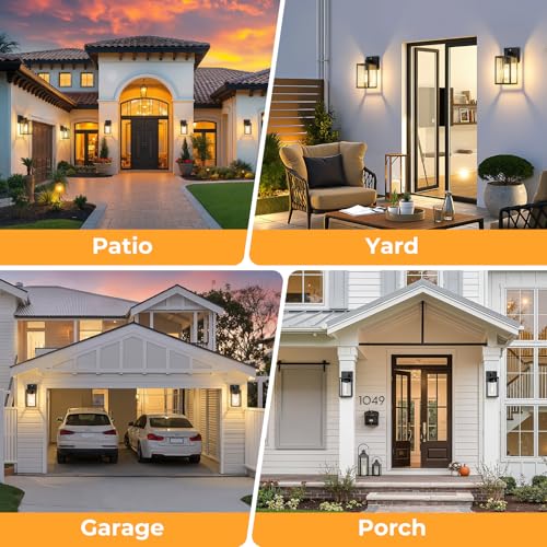 FOLKSMATE 2 Pack Dusk to Dawn Outdoor Wall Light Fixtures, Exterior Porch Light, Waterproof Wall Sconces Lanterns, Sensor Lighting Wall Mount for House Doorway Garage, Black