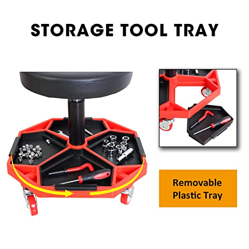 Torin ATRXF8308B Pneumatic Mechanic Stool/Rolling Shop Creeper Seat with Adjustable Height and 4 Removable Tool Trays, 300 lb Capacity, Black/Red