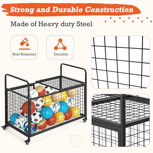 AECOJOY Ball Cart Storage, Extra Large Rolling Basketball Bin with Wheels for Garage, School, Gym, Sports Equipment and Toy Organizer, Indoor & Outdoor