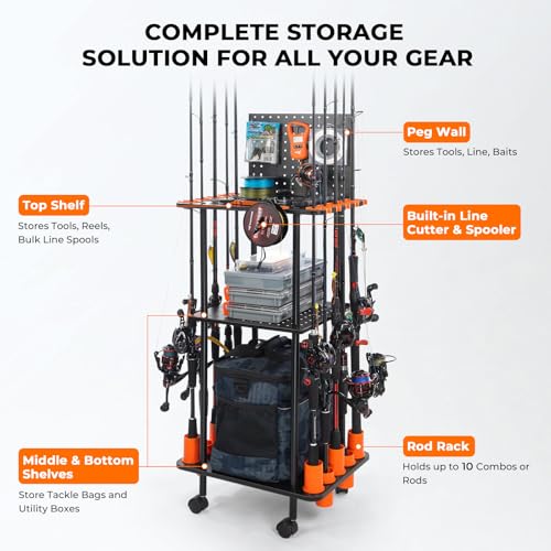 KastKing V10 Gear Trolley, Indoor Fishing Rod Holder for 10 Combos, 3-Tier Fishing Accessory Shelves With Peg Wall, Patented Built-in Line Spooler, Mobile Tackle Storage Cart With Locking Wheels