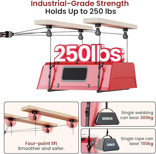 Pacikwest Truck Cap Hoist System for Garage Ceiling 250 lb, Smart 4-Point Self-Leveling Garage Hoist with 8:1 Pulley Lift System, Easy One-Person Overhead Garage Storage Lift for Truck Topper Rack
