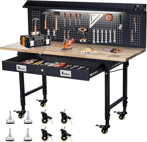 Workbench 60" x 22" Adjustable Height Worktable, Heavy Duty Rubber Wood Top, 2000 LBS Load Capacity, Tool Storage Workstation with Drawer, Pegboard, Power Outlets & Lockable Wheels, with Drawer Back