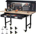 Workbench 60" x 22" Adjustable Height Worktable, Heavy Duty Rubber Wood Top, 2000 LBS Load Capacity, Tool Storage Workstation with Drawer, Pegboard, Power Outlets & Lockable Wheels, with Drawer Back
