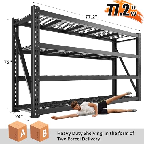 Bepatio 8000LBS Heavy Duty Garage Shelving,77" W Industrial Storage Shelves,4 Tier Adjustable Metal Shelving Unit,Rust Proof Large Tall Steel Rack for Shop,Basement,Warehouse,Commercial 24" D x 72" H