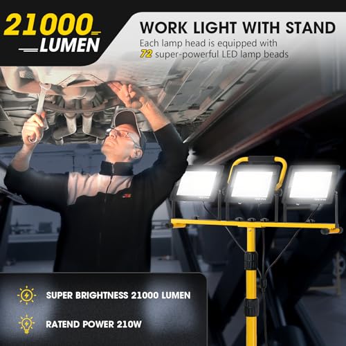 Zetunlo 21000Lumen LED Work Lights with Stand - 3 Head Portable Work Light with 16FT Cord - IP66 Waterproof Tripod Worklights for Outdoor Indoor Job Site Workshop Garage Construction Site Lighting