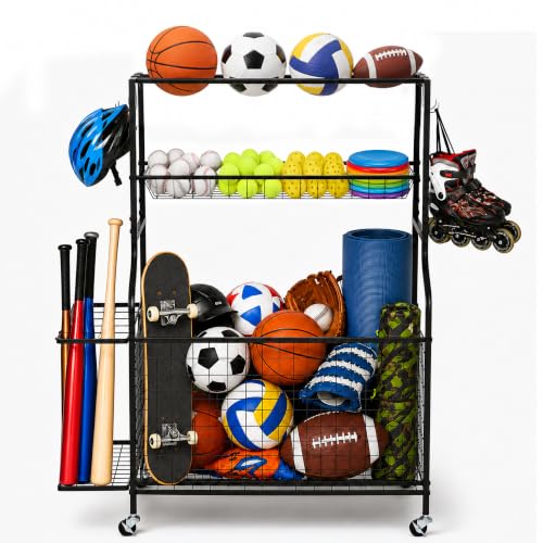 DuraMax Sports Storage Rack for Garage with Wheels, Ball Storage Rack and Sports Equipment Storage Rack, Garage Sports Organizer with Mesh Bin, Basket, Hooks and Bat Rack