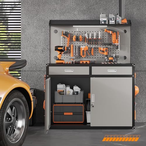 Rumetol 65" Heavy Duty Garage Workbench with Storage Drawers & Pegboard,2000lbs Capacity Metal Work Bench with Lockable Magnetic Cabinets,Adjustable LED Light for Workshop/Garage