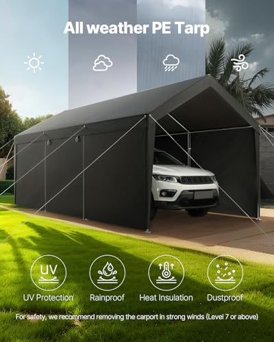 VEVOR Upgraded 10x20 FT Heavy Duty Carport Canopy with Roll-up Windows, All-Season Portable Garage with Removable Sidewalls & Doors, 12 Stakes & 12 Ropes, Car Tent for Car, Truck, Boat, Equipment