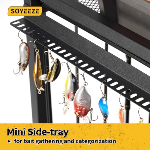 SOYEEZE Large Size Fishing Rod Holders for Garage, 3-Tier Fishing Pole Rack with Pegboard and Hooks, Fishing Gear Tackle Box Organizer Up to 12 Rods, Rolling Fishing Storage Cart with Lockable Wheels