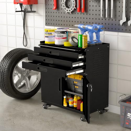 VIYET Garage Storage Cabinet, Metal Rolling Tool Cabinet with 2 Pegboard and 10 Hook, Heavy Duty Mechanics Tool Chest Storage for Workshop, Basement, Warehouse, Include Workbench Liner, Black