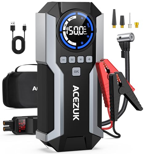 Jump Starter with Air Compressor, 8000A 150PSI Car Jump Starter (All Gas/12.0L Diesel), 12V Battery Jump Starters, Portable Jumper Cables, LCD Display and LED Lights