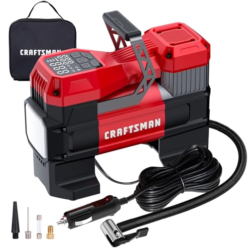 CRAFTSMAN 12V Tire Inflator Portable Air Compressor, Up to 150 PSI with Digital Gauge & Auto Shut-Off, LED Light, 12V DC Car Plug Compact Air Pump for Car Tires, Bikes & Sports