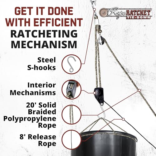 Rope Ratchet 3/8" 20' Solid Braided Rope Block and Tackle, Heavy Duty Pulley System Hoist for Lifting, Hanging Feeders, Garage Storage, Attic Lifts, Securing Loads, Tree Support, 250 lbs Capacity