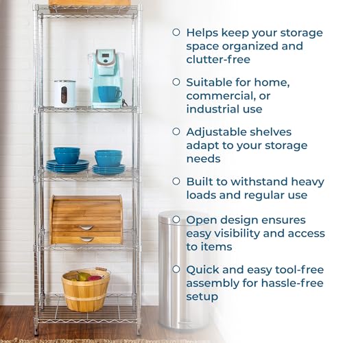 Honey-Can-Do 5-Tier Heavy Duty Adjustable Shelving Unit, 250-lb Per Shelf NSF Certified Metal Storage Rack, Chrome Wire Shelf for Kitchen Pantry Garage, 24 x 18 x 72 in