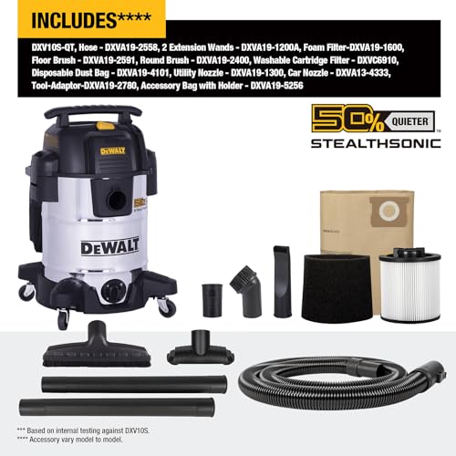 DEWALT 10 Gallon STEALTHSONIC Wet and Dry Shop Vacuum, Ultra Quiet Heavy Duty With Attachments, Powerful Outdoor Vac for Car, Garage, Workshop, Jobsite, Patio, DXV10S-QT, 5 Peak HP