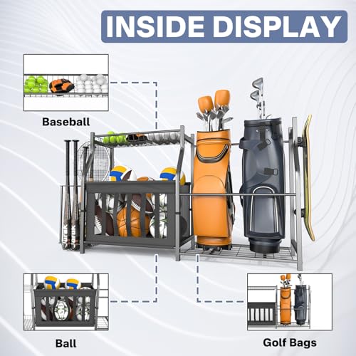 WALMANN Garage Sports Equipment Organizer, Ball Storage Stand, Indoor Golf Bags Stand for Garage