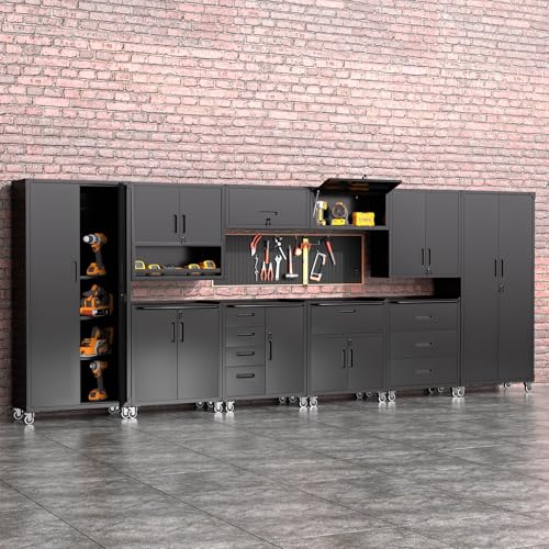 FLIXELIO Garage Storage Cabinets System 10PCS Workshop Set with Drawers Locking Heavy Duty Rolling Cart with Adjustable Shelves Garage Tool Workbench Cabinets, Black