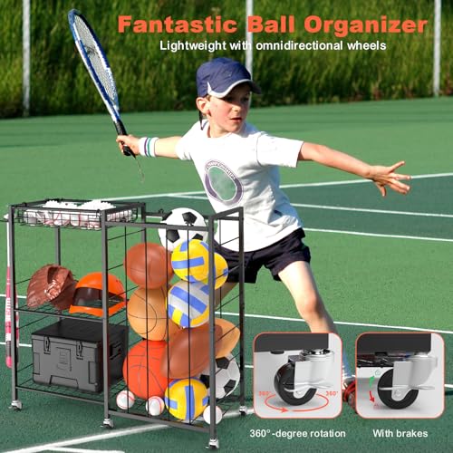 Multi-Functional Sports Equipment Organizer with Elastic Rope, Removable Basket & Racket Holders - Heavy-Duty Organizer for Balls, Tennis/Badminton Rackets - Ideal for Garage, Home Gym & Playroom