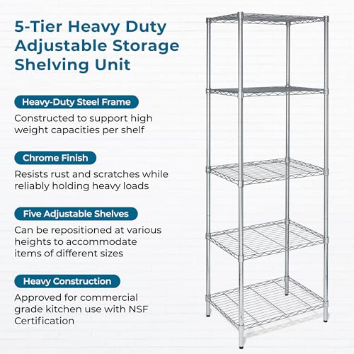 Honey-Can-Do 5-Tier Heavy Duty Adjustable Shelving Unit, 250-lb Per Shelf NSF Certified Metal Storage Rack, Chrome Wire Shelf for Kitchen Pantry Garage, 24 x 18 x 72 in
