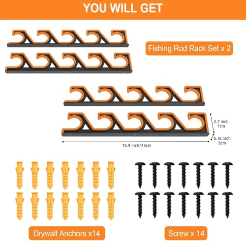 bruwaa 2 Pack Horizontal Fishing Rod Holders for Garage Wall & Ceiling, Anti-Scratch Soft PU Pad Rod Rack, Fishing Pole Storage Organizer Holds up to 10 Rod, Wall Mount Rod Keepers for Casting Rods