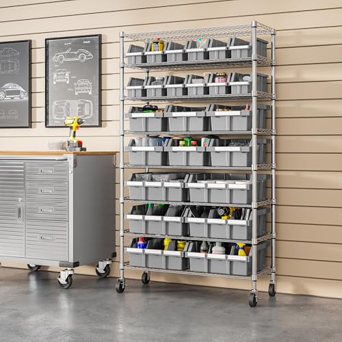 Seville Classics Heavy Duty NSF Bin Rack Solid Steel Wire Shelving Storage Unit, Patented Organizer for Garage, Warehouse, Office, Restaurant, Classroom, Kitchen, Gray, 8-Tier Includes 24 Bins