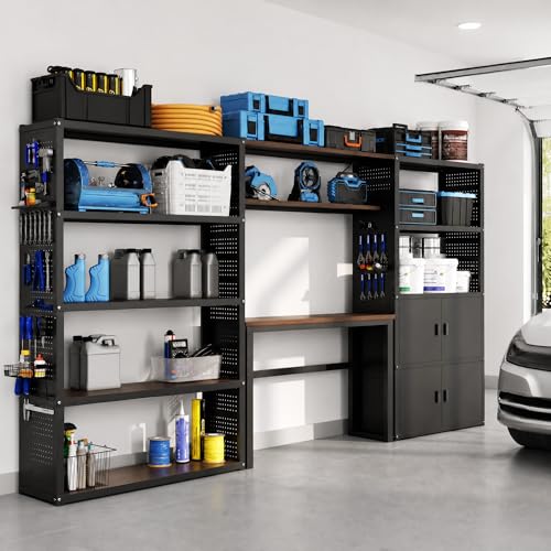 FLEXIMOUNTS Garage Storage Cabinet System, 3-in-1 Modular Metal Tool Cabinet w/ Workbench and Particle Board Shelf Includes Pegboard, 24-Gauge Steel, 129"(L) w/ 2 Doors, Black, FLEXIMOD Series