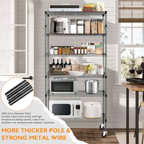 BolDuck 6 Tier Storage Shelves with Wheels, 2100lbs Capacity Heavy Duty Shelving Units, 14x36x75inch Adjustable Metal Shelf Wire Shelving Rack for Garage, Kitchen, Office, Black