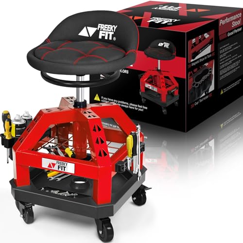 FreekyFit Rolling Shop Stool for Garage with Casters, DO02-Adjustable Height 360° Swivel Shop Seat with Tool Tray Storage, 330 LBS Capacity Padded Mechanic Stool, Magnetic Tool Hold, Heavy Duty, Red